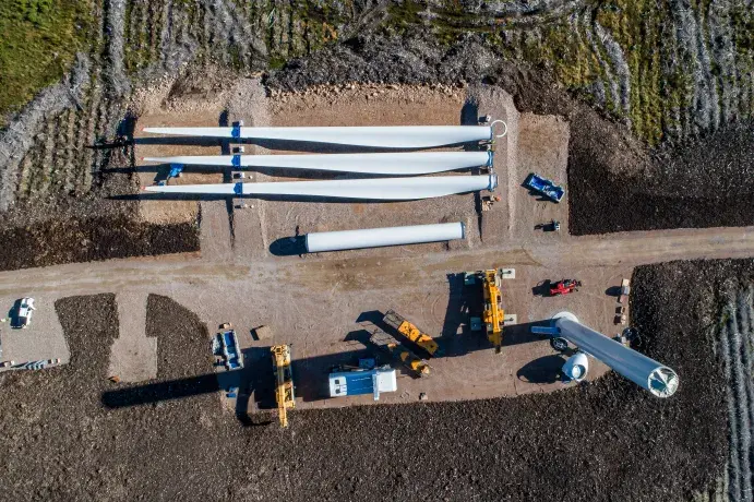 Limekiln Wind Farm turbine parts seen from the sky in Scotland